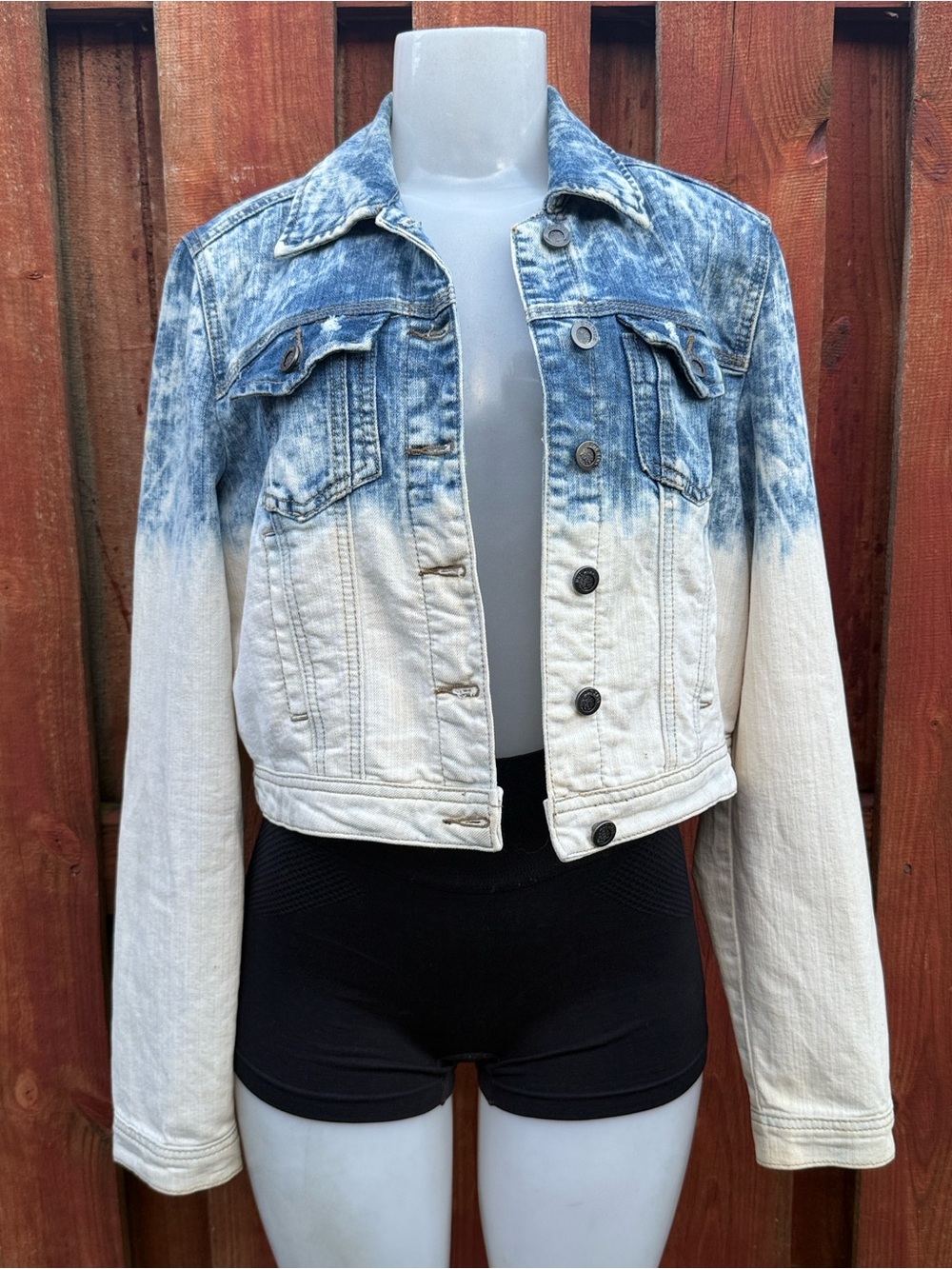 Hot Kiss Acid Wash Dip Dye Ombre Cropped Denim Jacket Distressed Size Large
